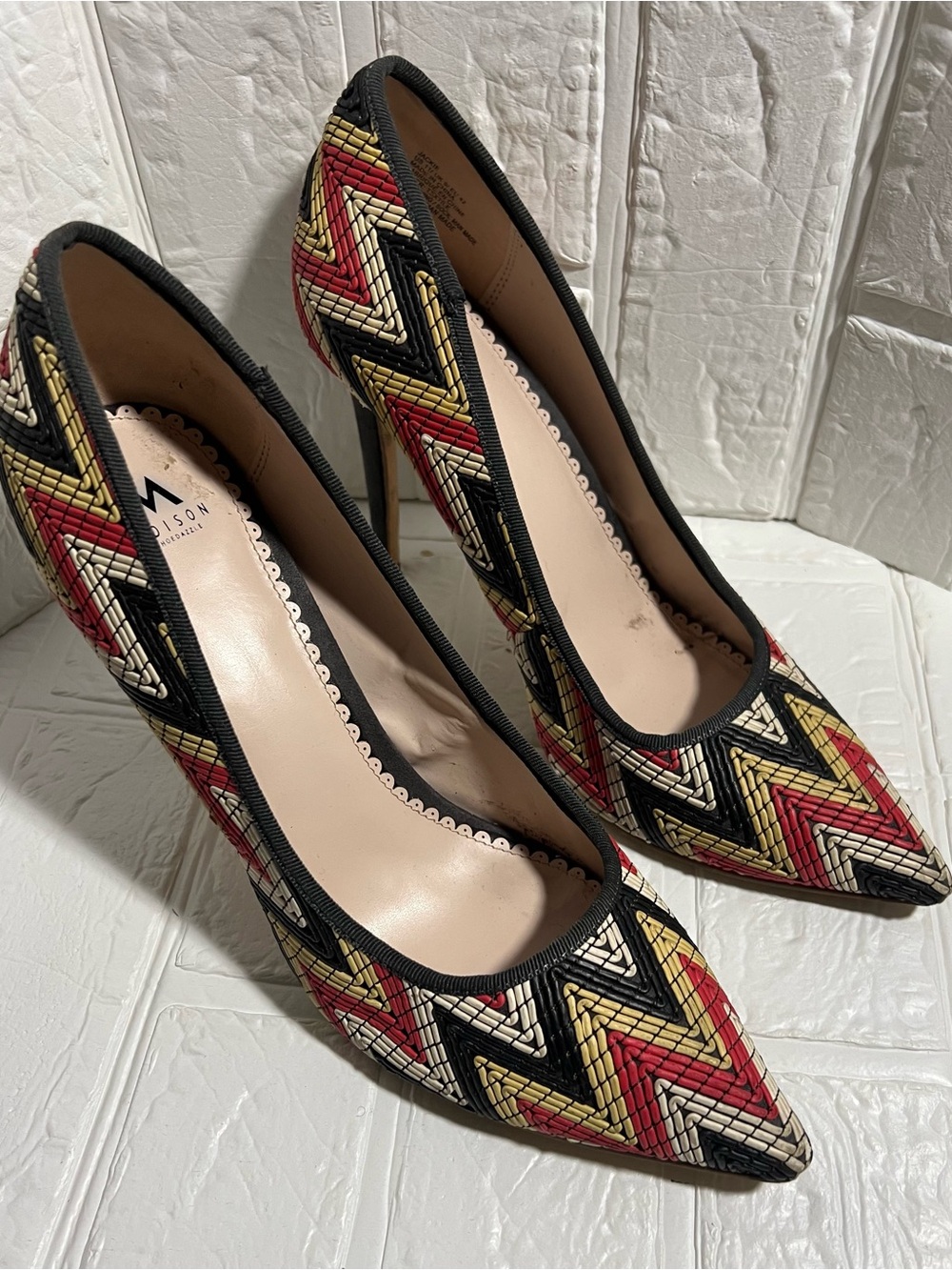 Madison Pointed-Toe Pumps in Black, Red & Gold Woven Zigzag